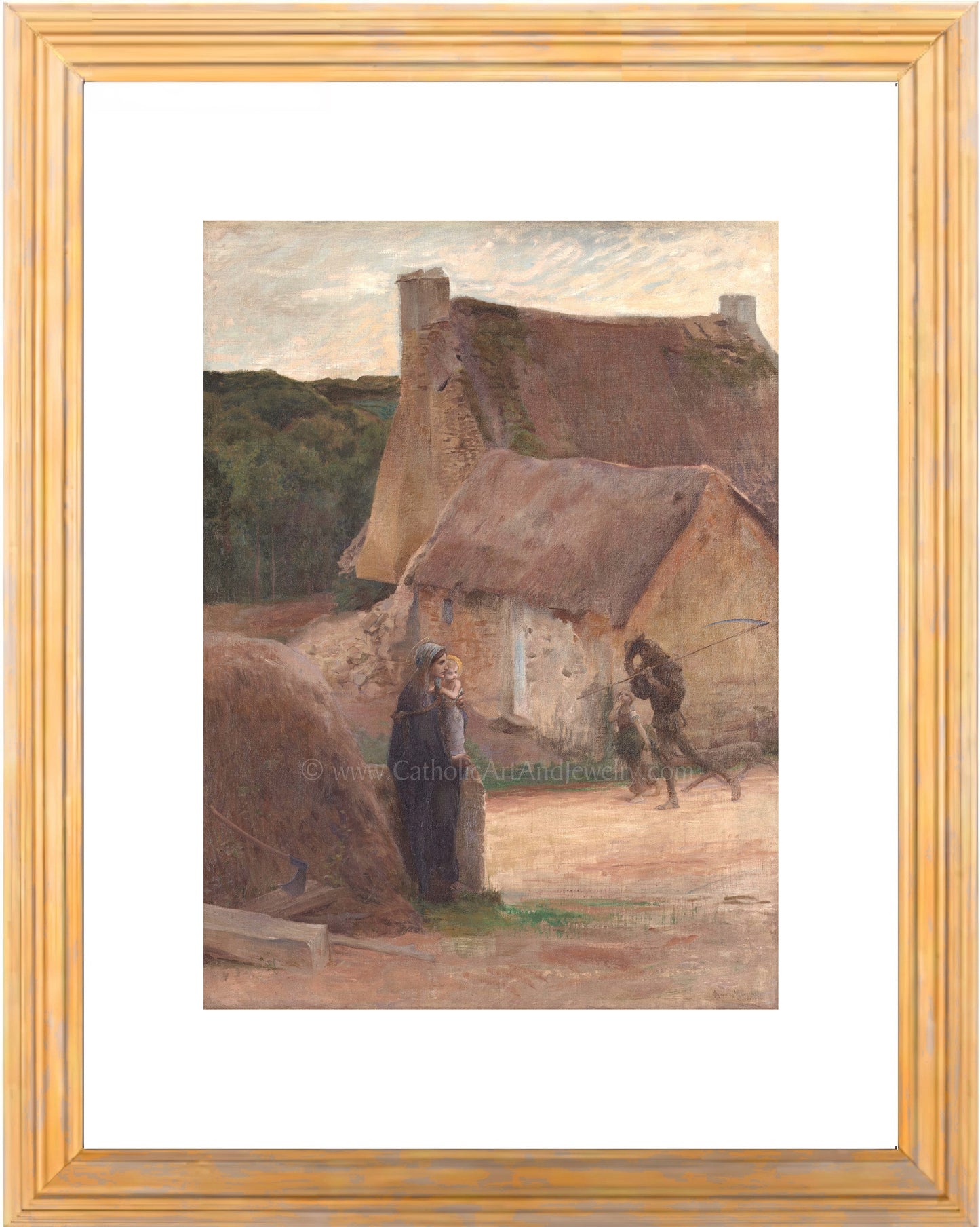 a painting of two people standing outside of a thatched house