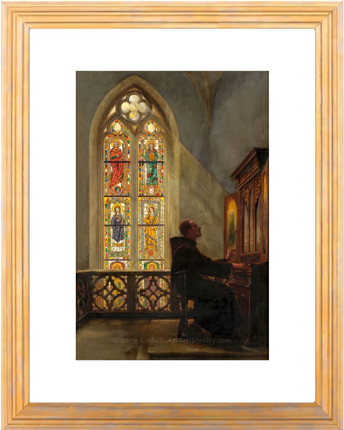 a painting of a man sitting in front of a stained glass window