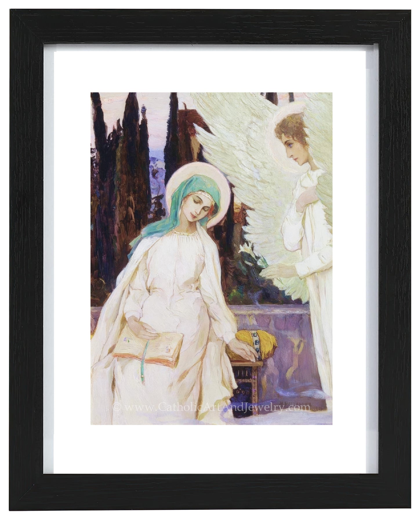 a painting of an angel standing next to a woman