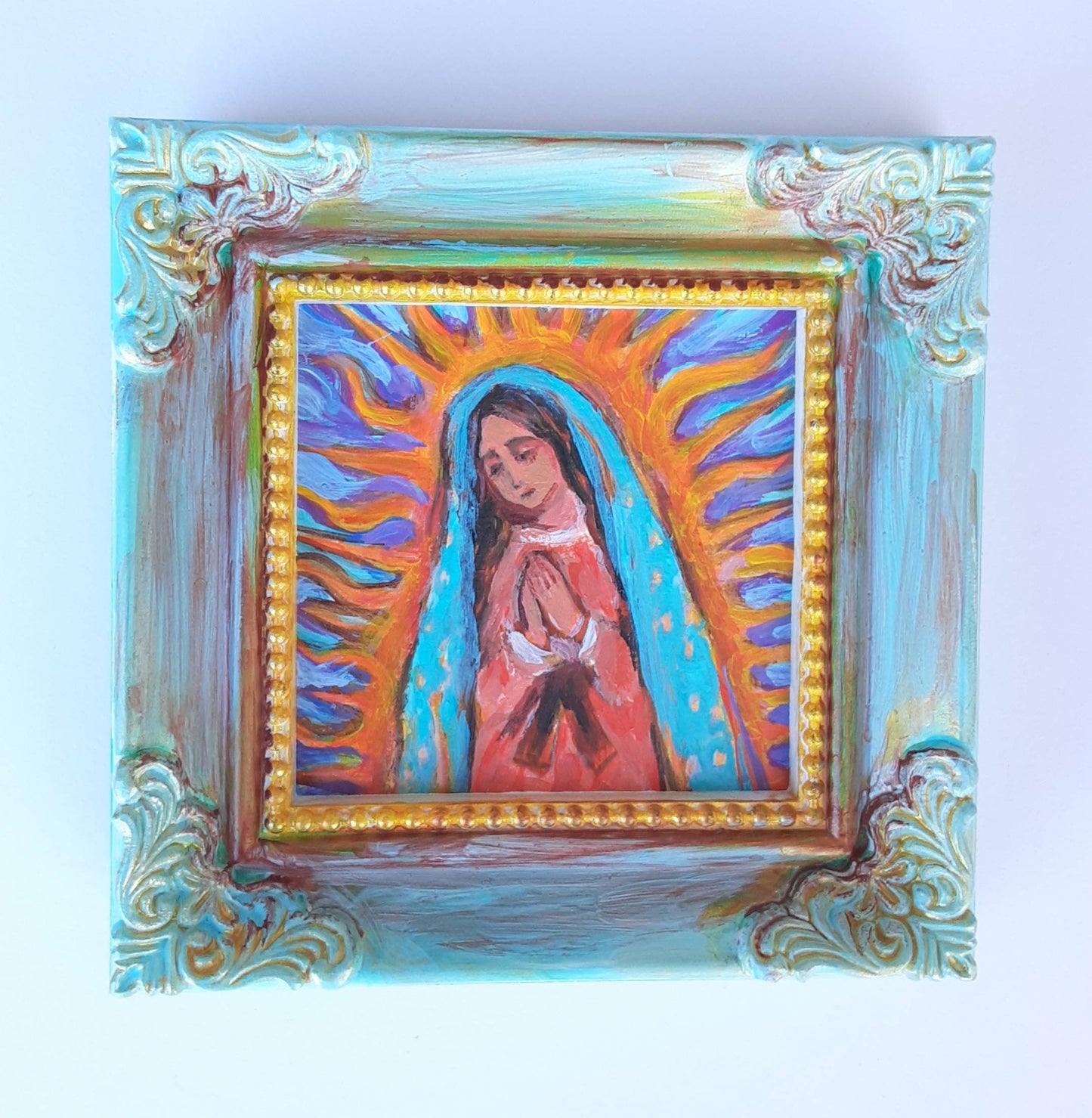 Our Lady of Guadalupe Painting in One of a Kind Hand Painted Mini Frame