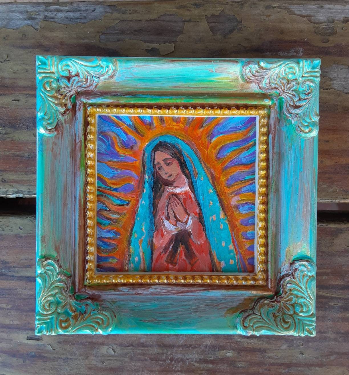 Our Lady of Guadalupe Painting in One of a Kind Hand Painted Mini Frame