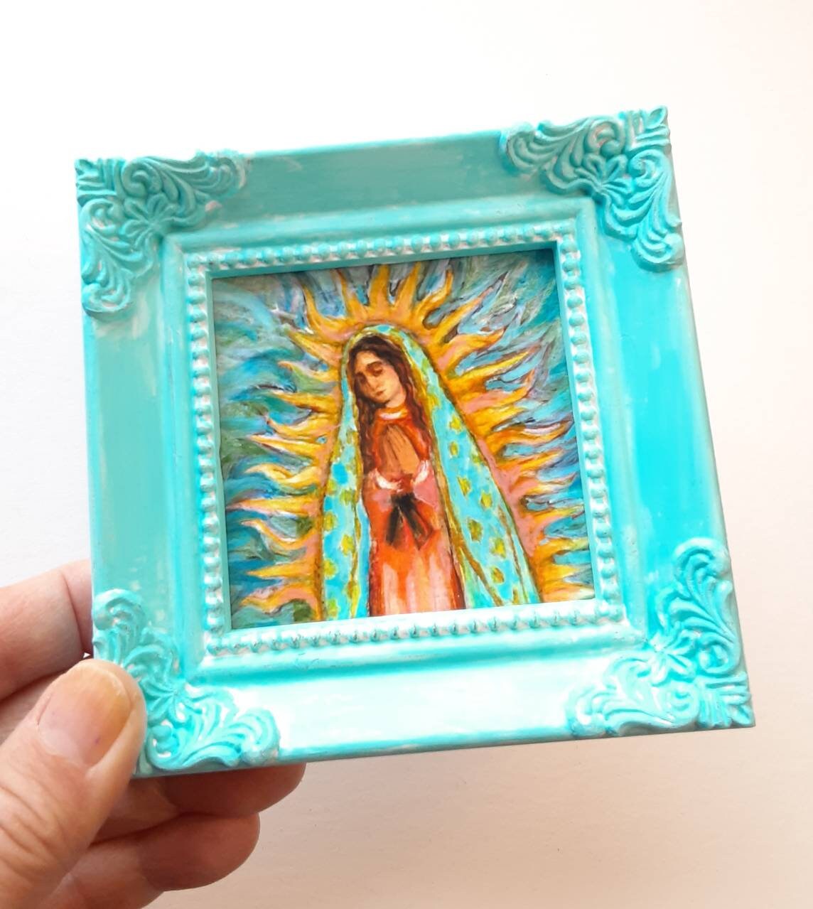 Our Lady of Guadalupe Art Print in Light Blue Hand Painted Mini Frame