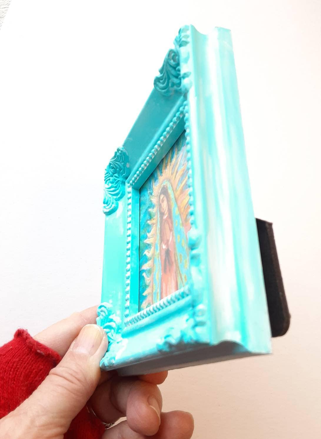 Our Lady of Guadalupe Art Print in Light Blue Hand Painted Mini Frame