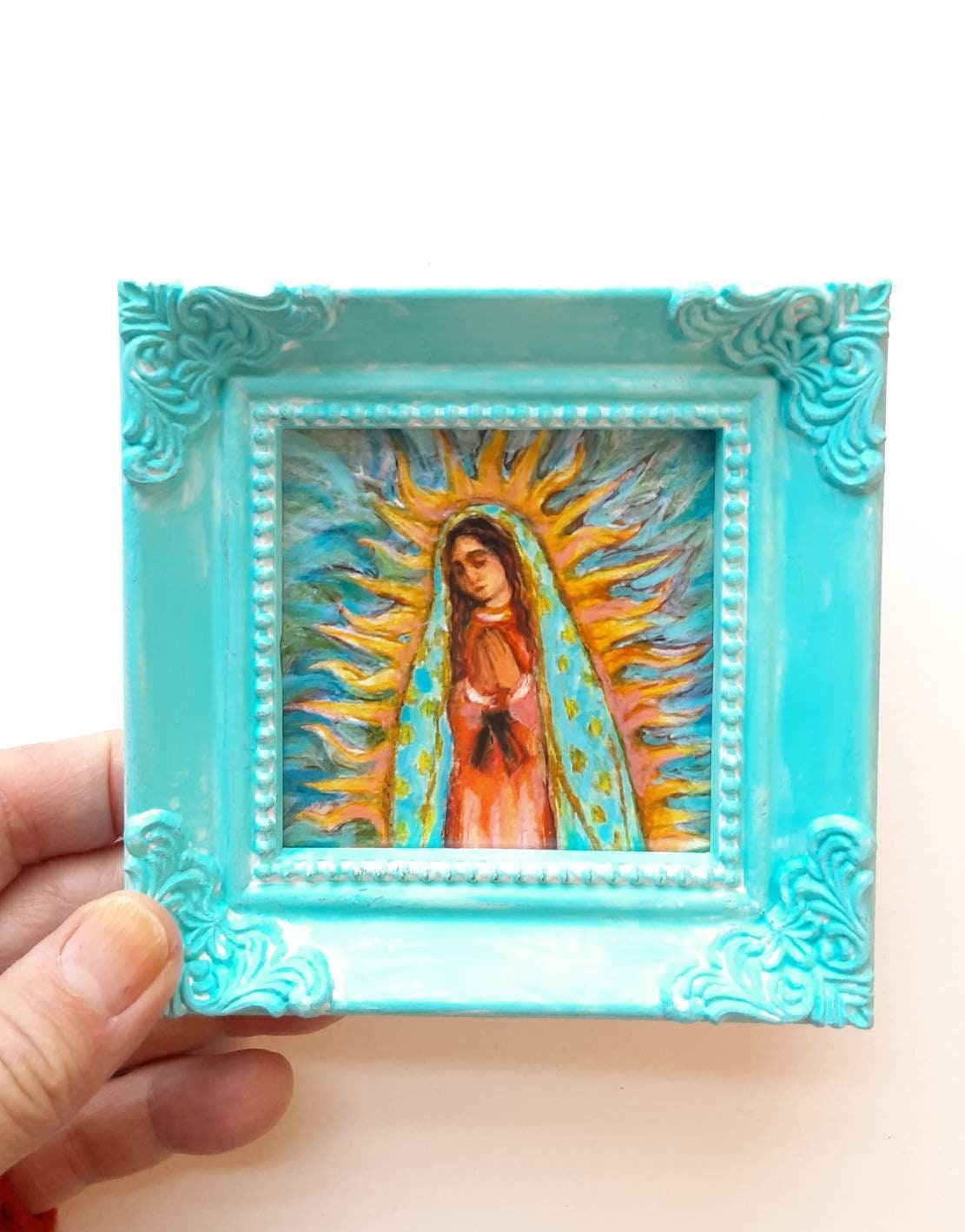 Our Lady of Guadalupe Art Print in Light Blue Hand Painted Mini Frame