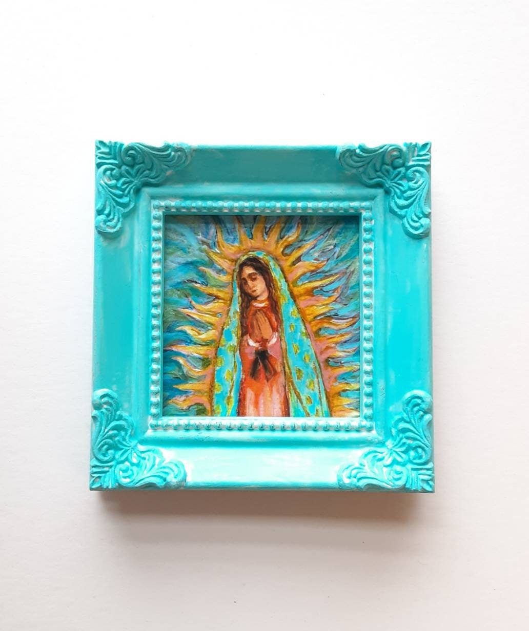 Our Lady of Guadalupe Art Print in Light Blue Hand Painted Mini Frame