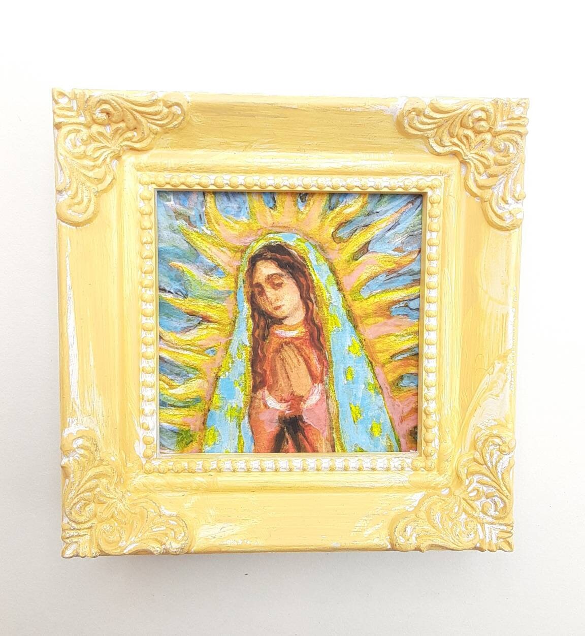 Our Lady of Guadalupe Art Print in Banana Yellow Hand Painted Mini Frame