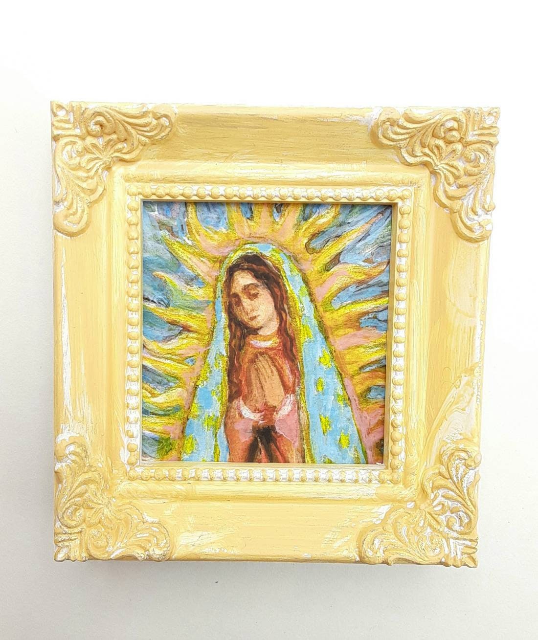 Our Lady of Guadalupe Art Print in Banana Yellow Hand Painted Mini Frame