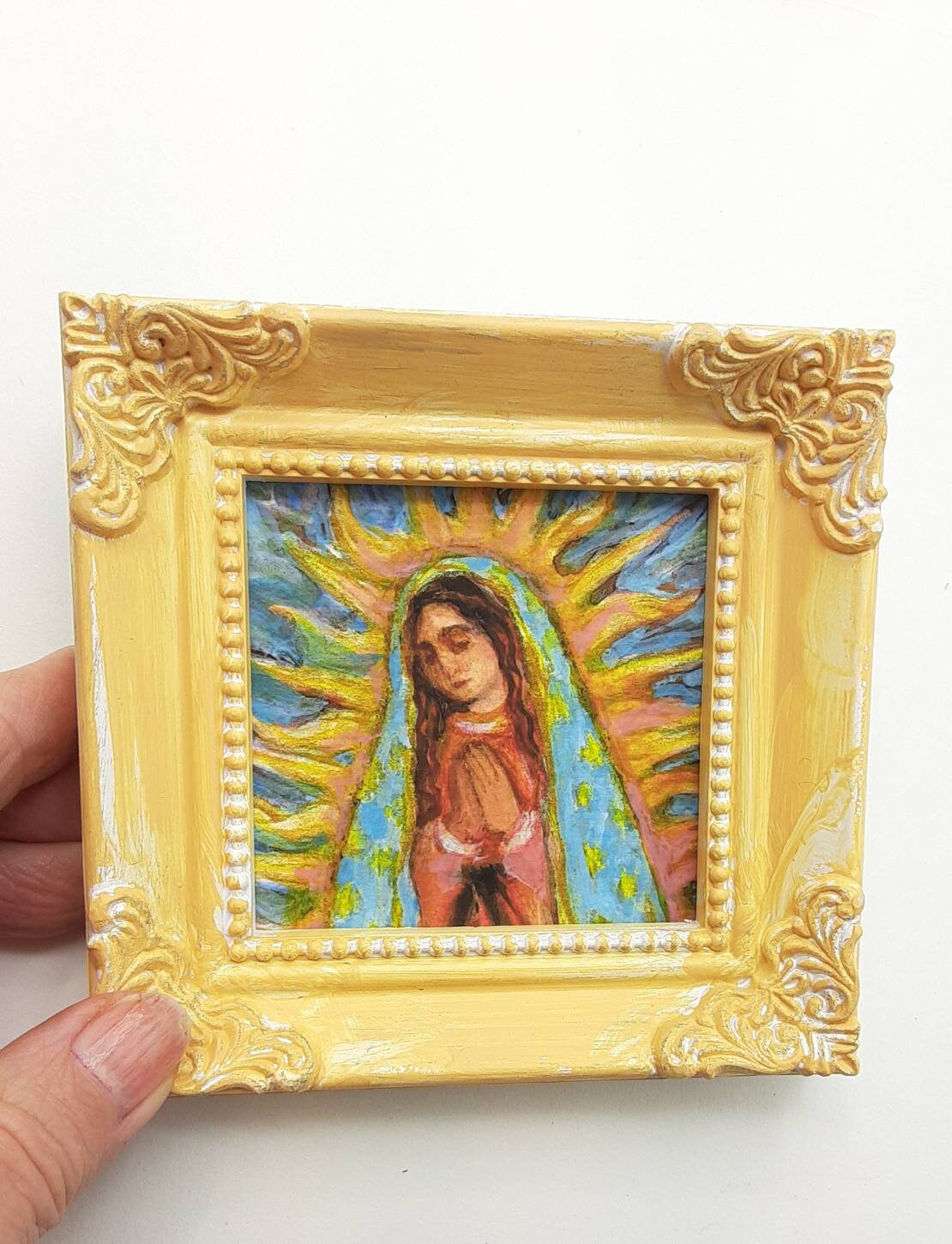 Our Lady of Guadalupe Art Print in Banana Yellow Hand Painted Mini Frame