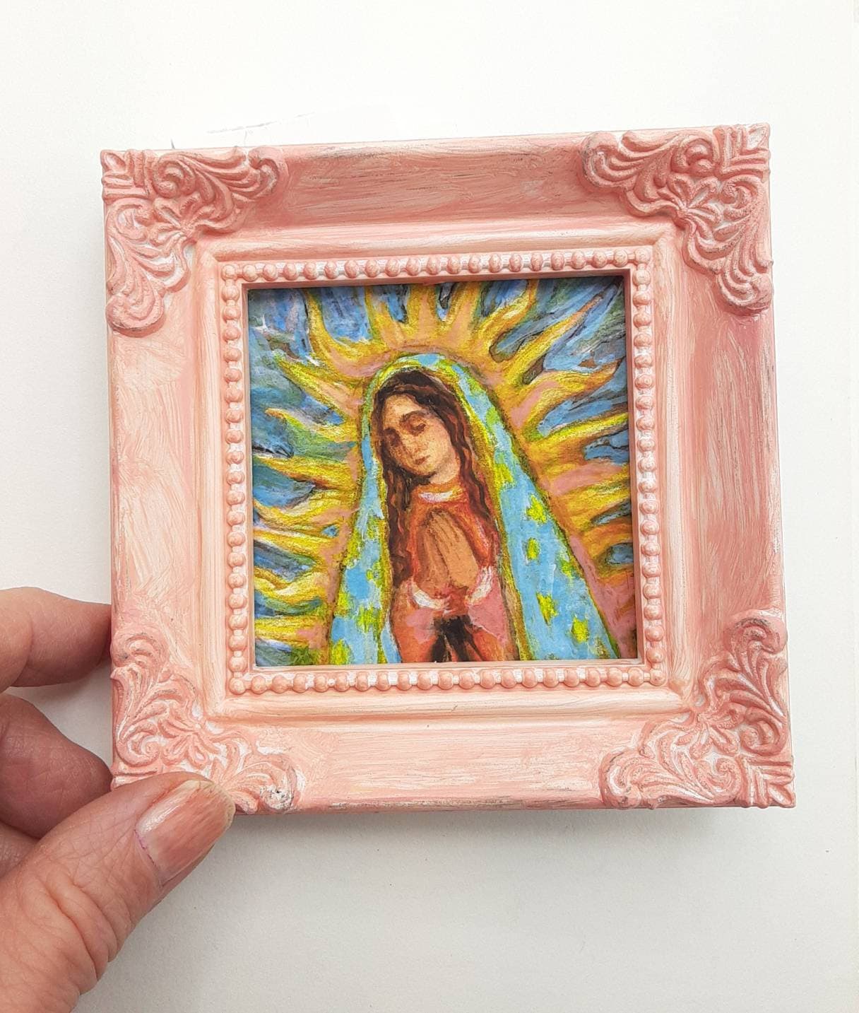 Our Lady of Guadalupe Art Print in One of a Kind Pink Hand-Painted Mini Frame