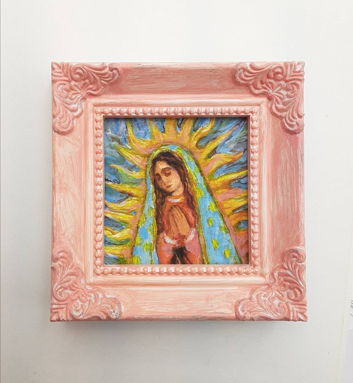 Our Lady of Guadalupe Art Print in One of a Kind Pink Hand-Painted Mini Frame