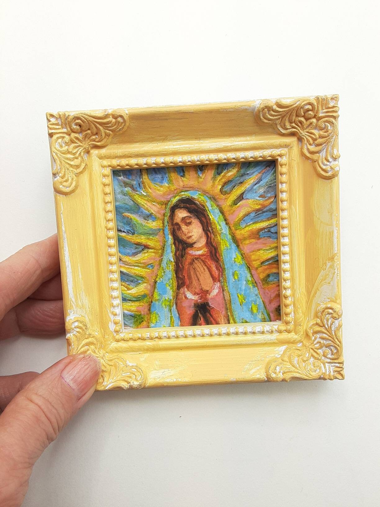 Our Lady of Guadalupe Art Print in Banana Yellow Hand Painted Mini Frame