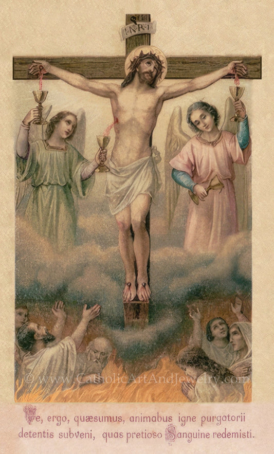 New! Holy Souls in Purgatory – 19th Century French Lithograph Restored Print – Beautiful Catholic Artwork – Archival Quality