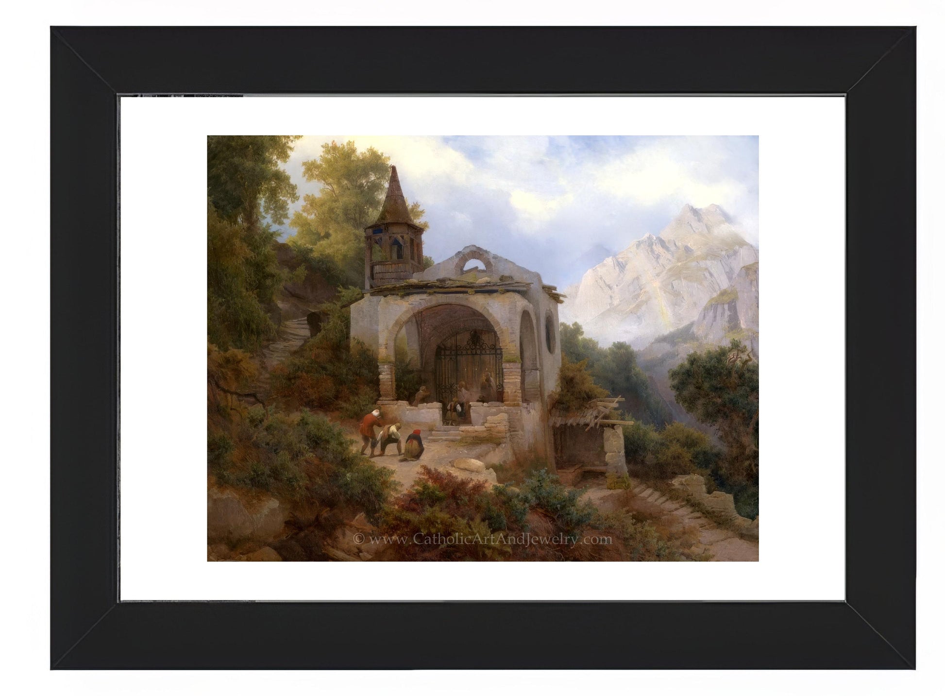 a painting of a mountain scene with a church