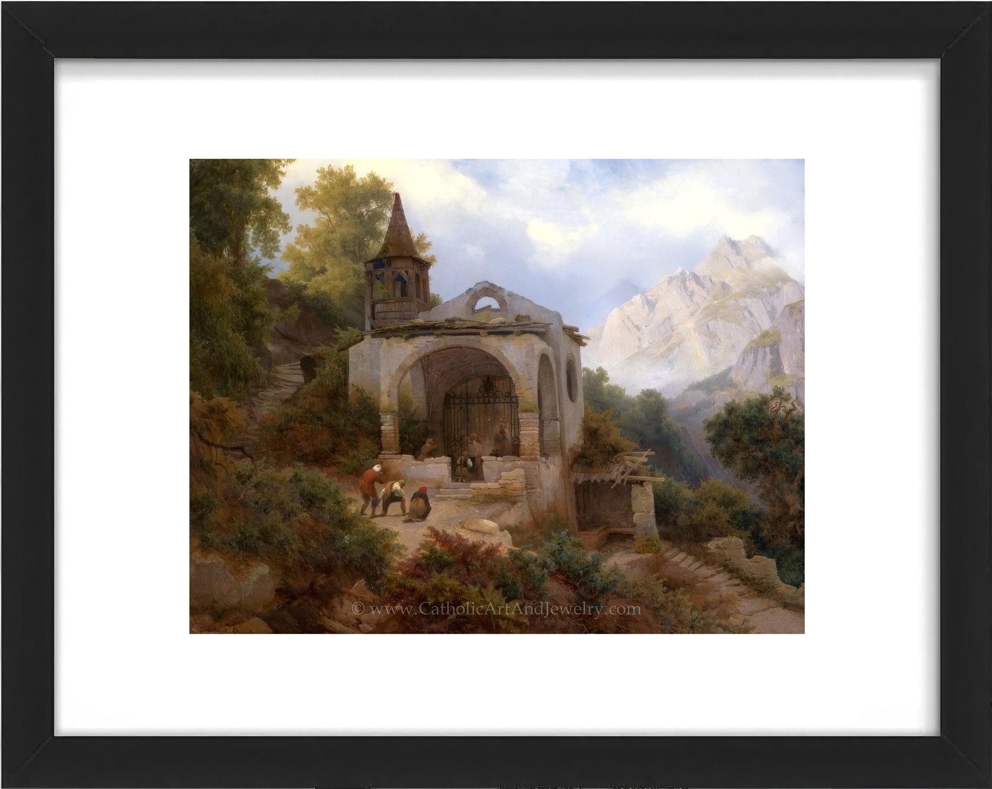 a painting of a church in the mountains