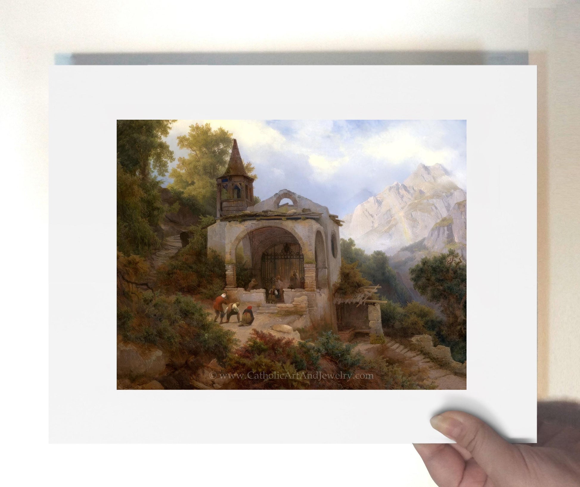 a picture of a painting of a mountain scene