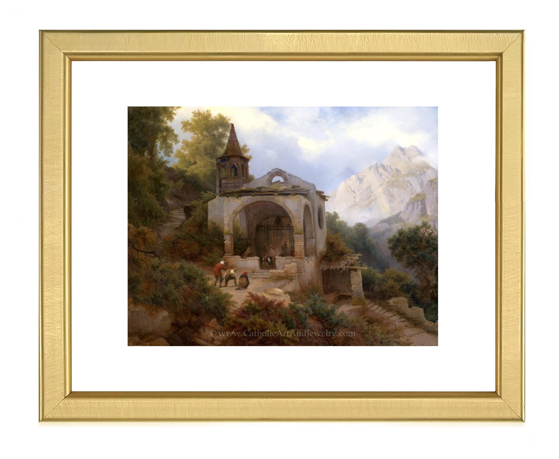 a painting of a mountain scene with a church