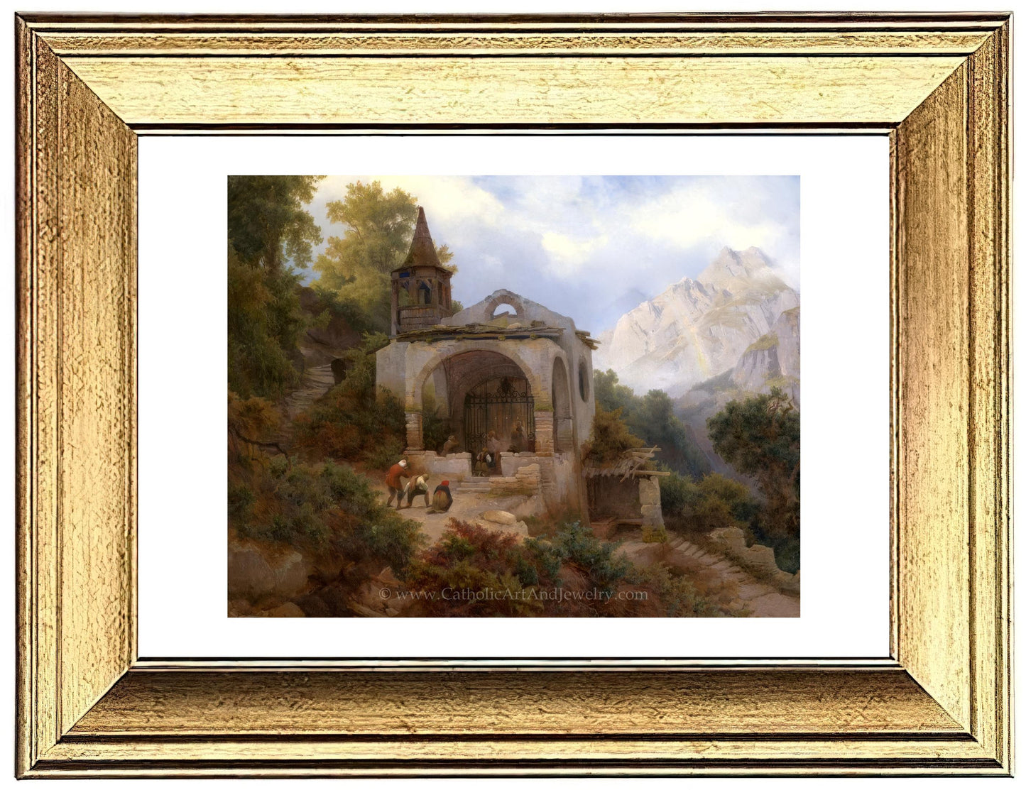 a painting of a mountain scene with a church