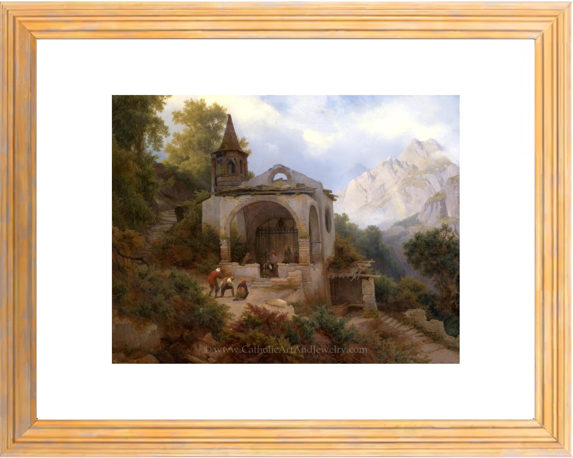 a painting of a mountain scene with a church