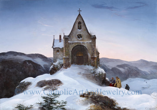 New! Chapel on a Mountain in Winter – Ernst Ferdinand Oehme – Catholic Gift – Archival Quality