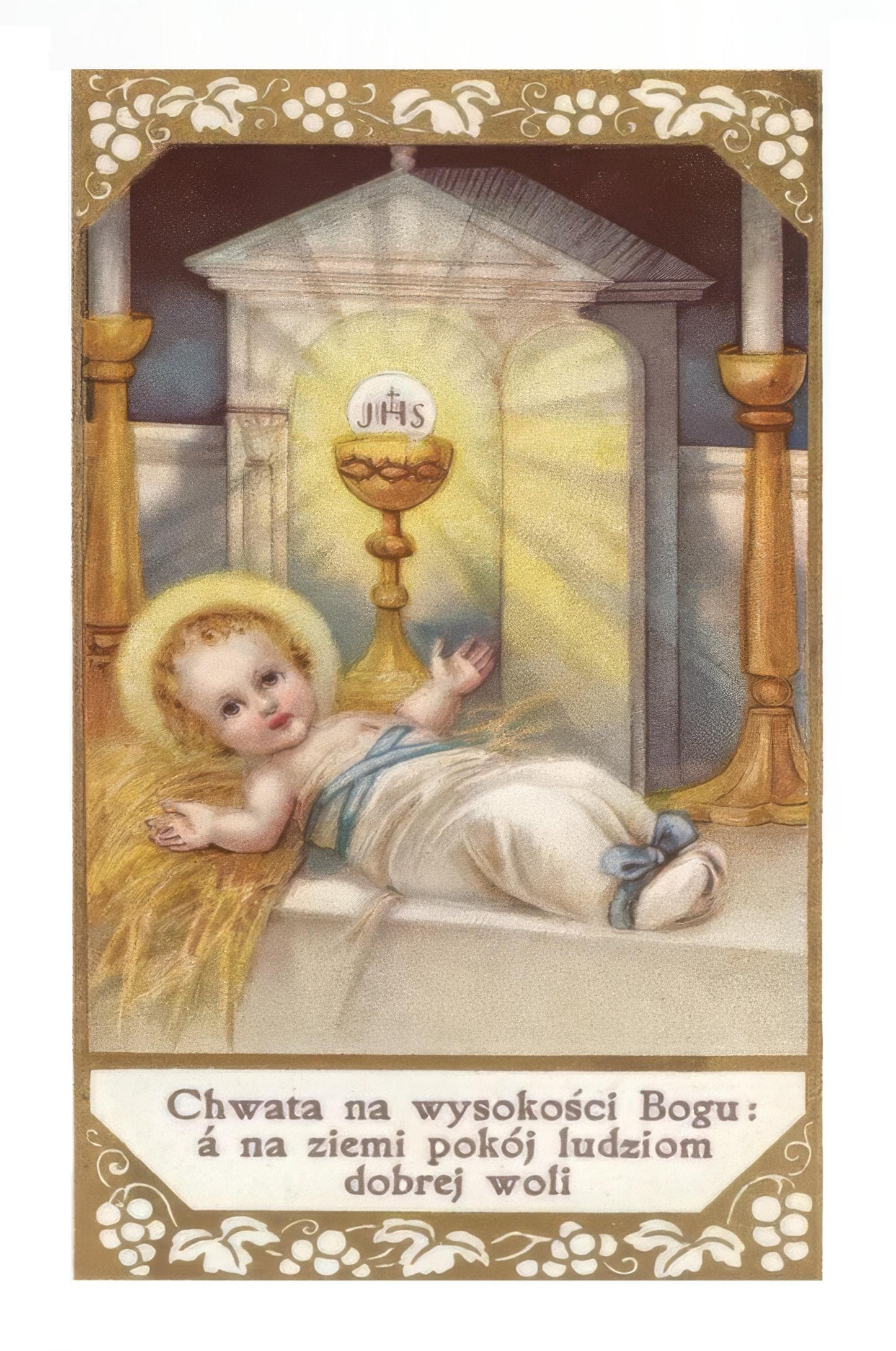 Christmas Holy Card #14 – Baby Jesus and the Eucharist – Polish – pack of 10/100/1000 – Stocking Stuffer – Restored Vintage Card