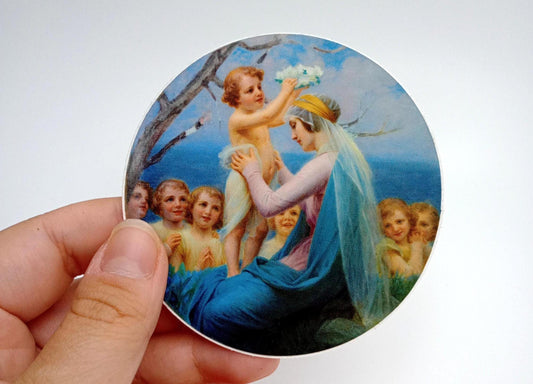 New! Crowning of Mary by Jesus Sticker – 3" Round – by Enrique M. Vidal – High Quality Vinyl