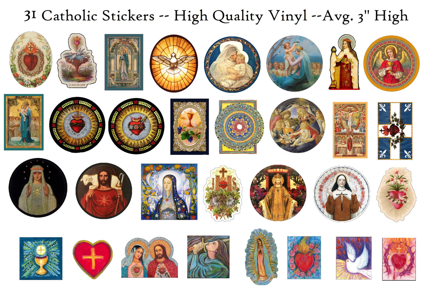 New! Catholic Stickers Assortment – High Quality Vinyl, Fade Resistant – Avg. 3 Inches