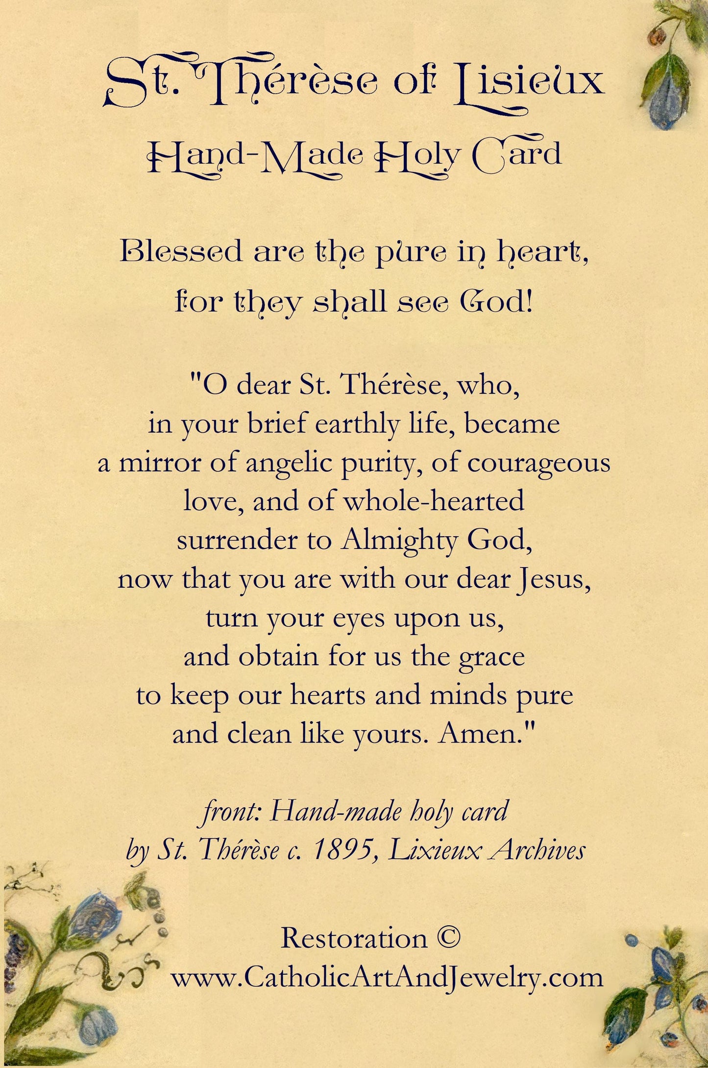 St Therese's Handmade Holy Cards – Prayer for a Pure Heart – pack of 10/100/1000