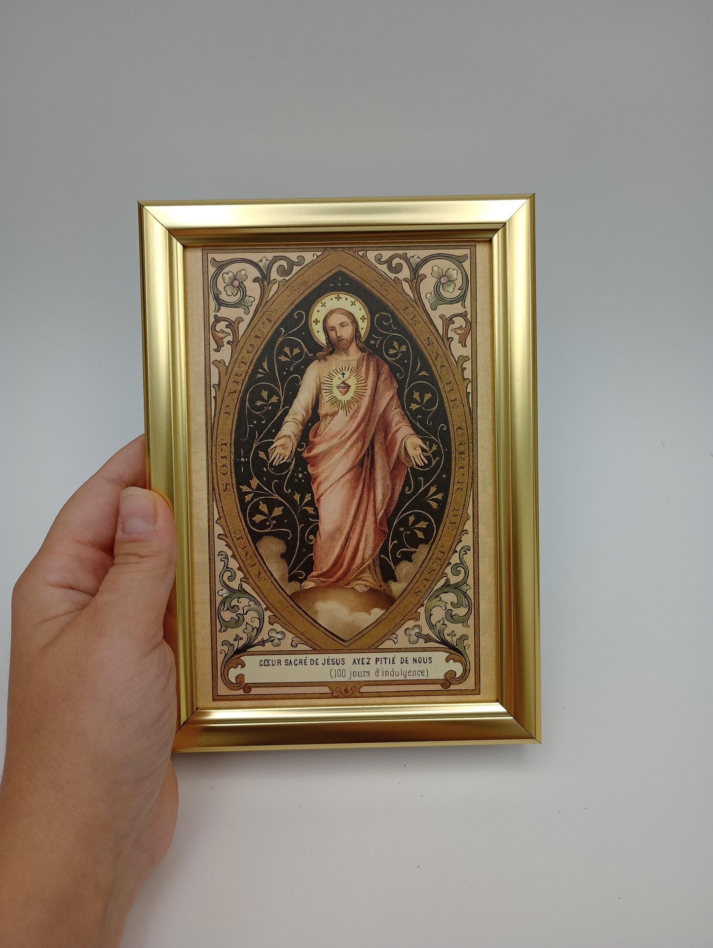 New! Jesus, the Sacred Heart – Framed 4x6" –  Gold Style