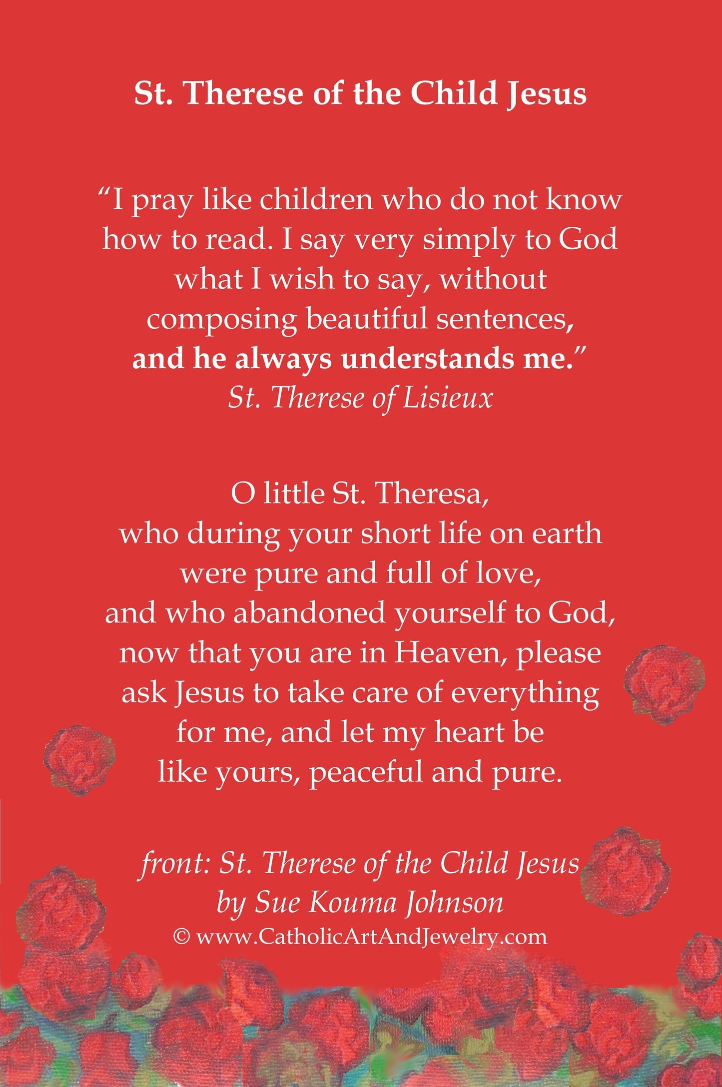 New! St. Therese of Lisieux Holy Cards – by Sue Kouma Johnson – pack of 10/100/1000