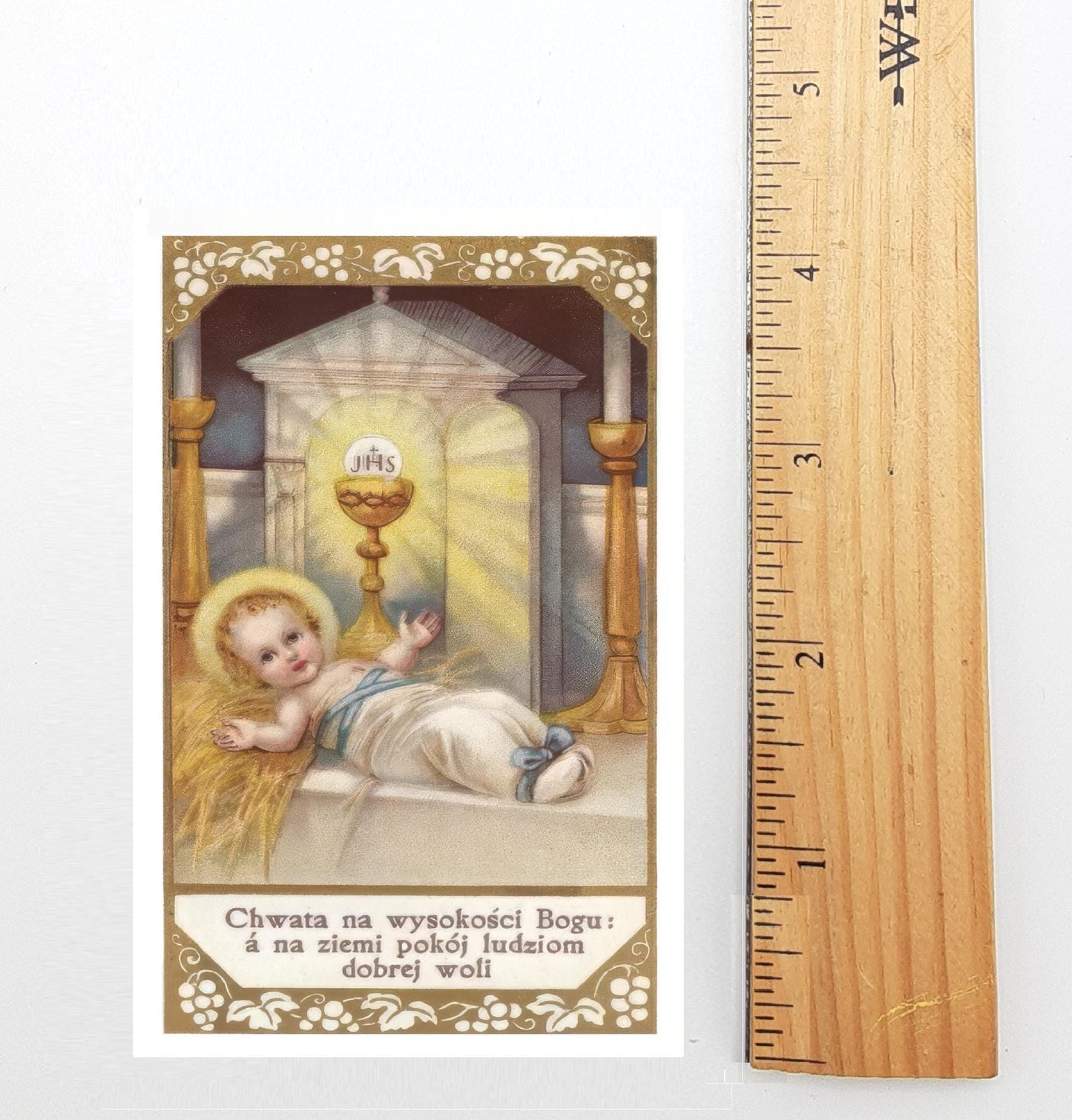 New! Christmas Holy Card #14 – Baby Jesus and the Eucharist – Polish – pack of 10/100/1000 – Stocking Stuffer – Restored Vintage Card