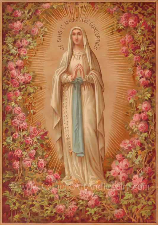 Our Lady of Lourdes Roses – based on a Vintage French Holy Card – Catholic Art Print