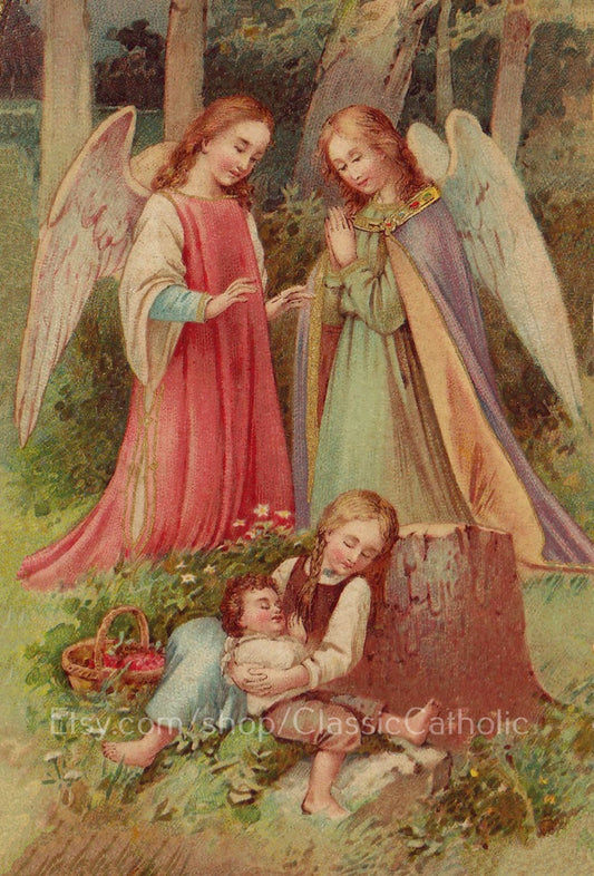 Guardian Angels – based on a Vintage Holy Card – Cozy – Catholic Art Print – Archival Quality