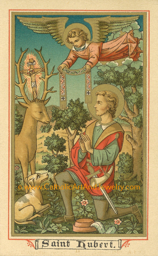 St. Hubert – Patron of Hunters – based on a Vintage Holy Card – Catholic Art Print – Archival Quality