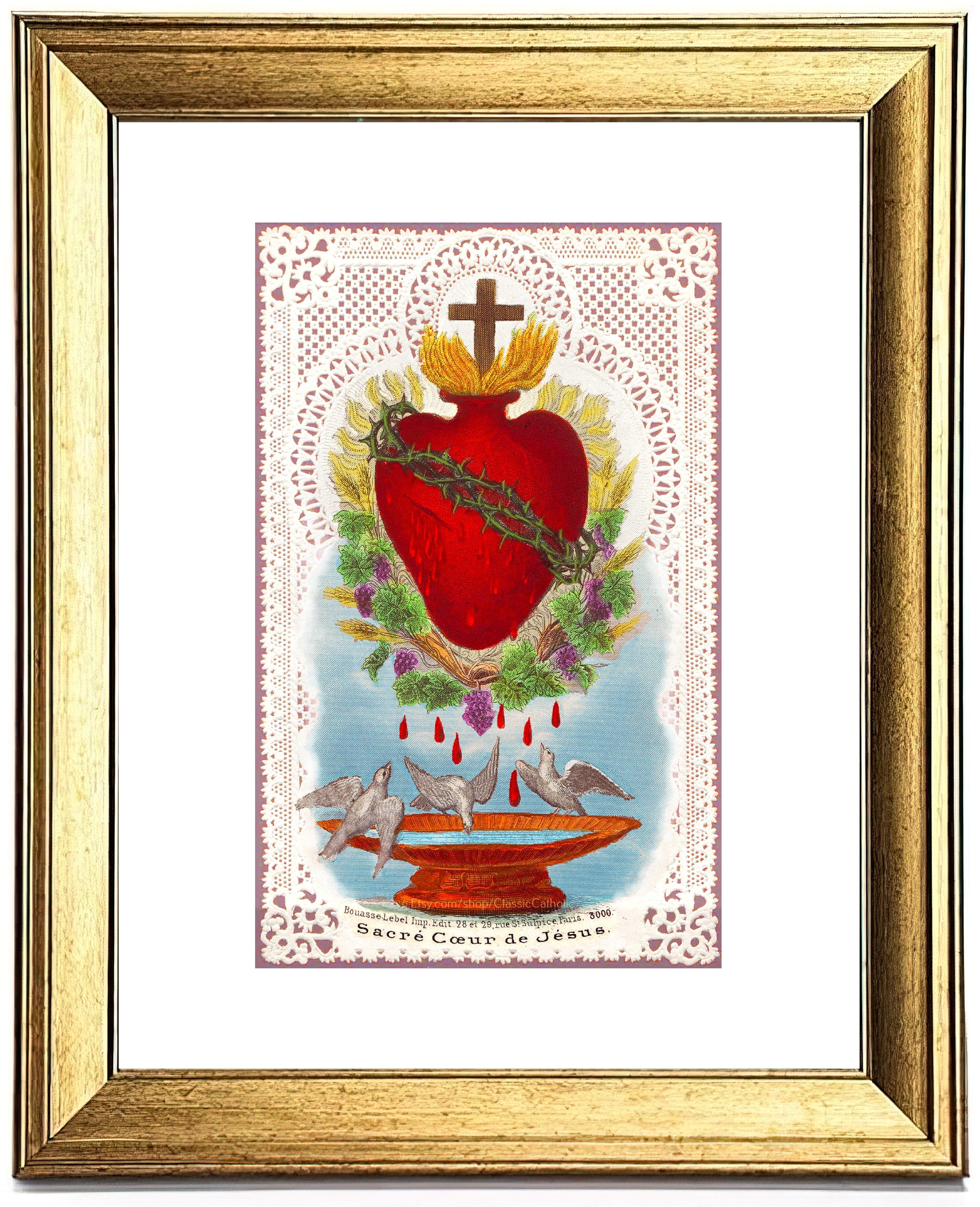 Vintage buy Religious Picture Framed, Jesus, Sacred Heart, Ornate White/Gold Wood Frame