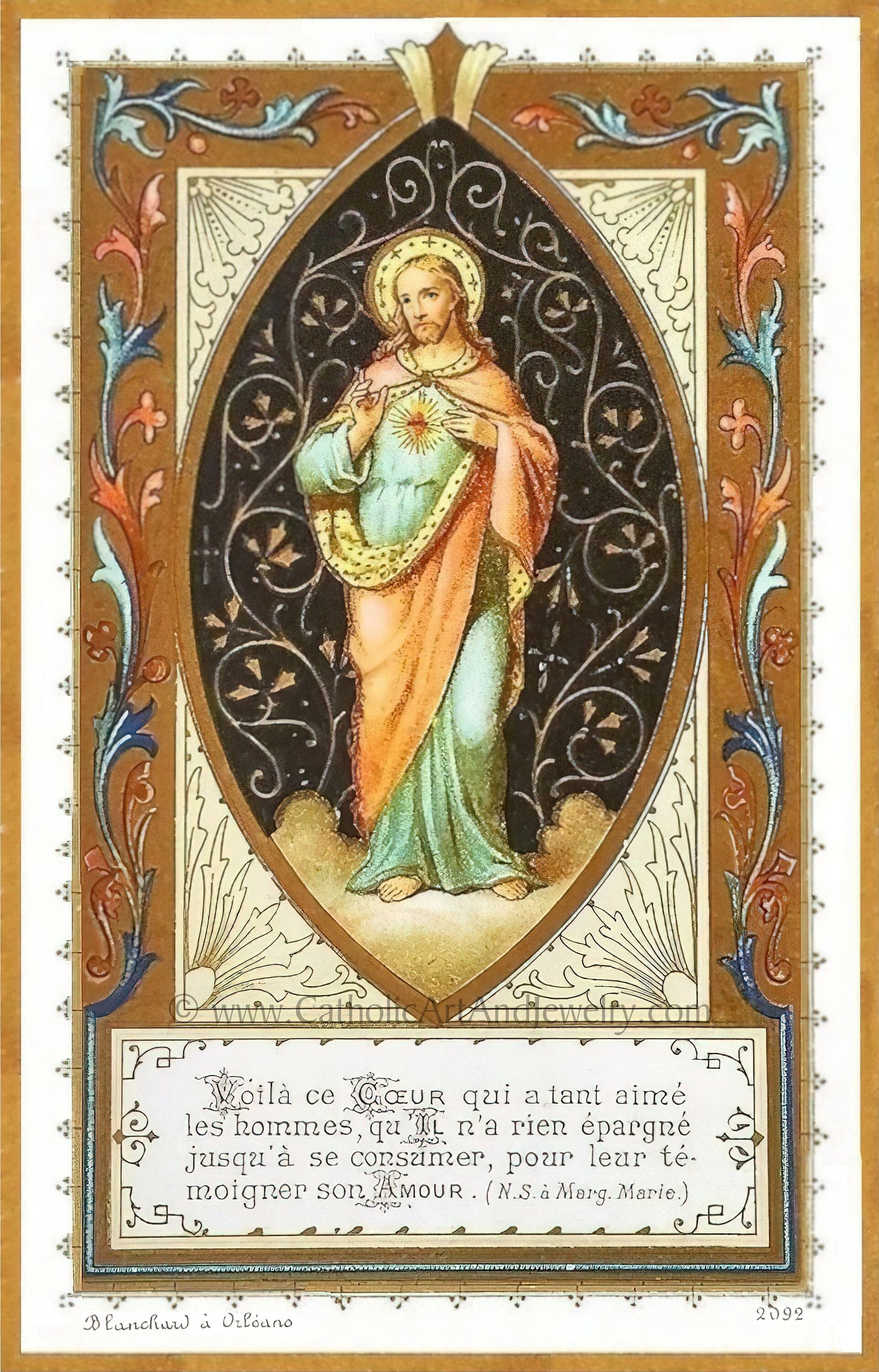 Sacred Heart of Jesus – Figure of Jesus with Filigree – 3 Sizes – based on a Vintage French Holy Card – Archival Quality